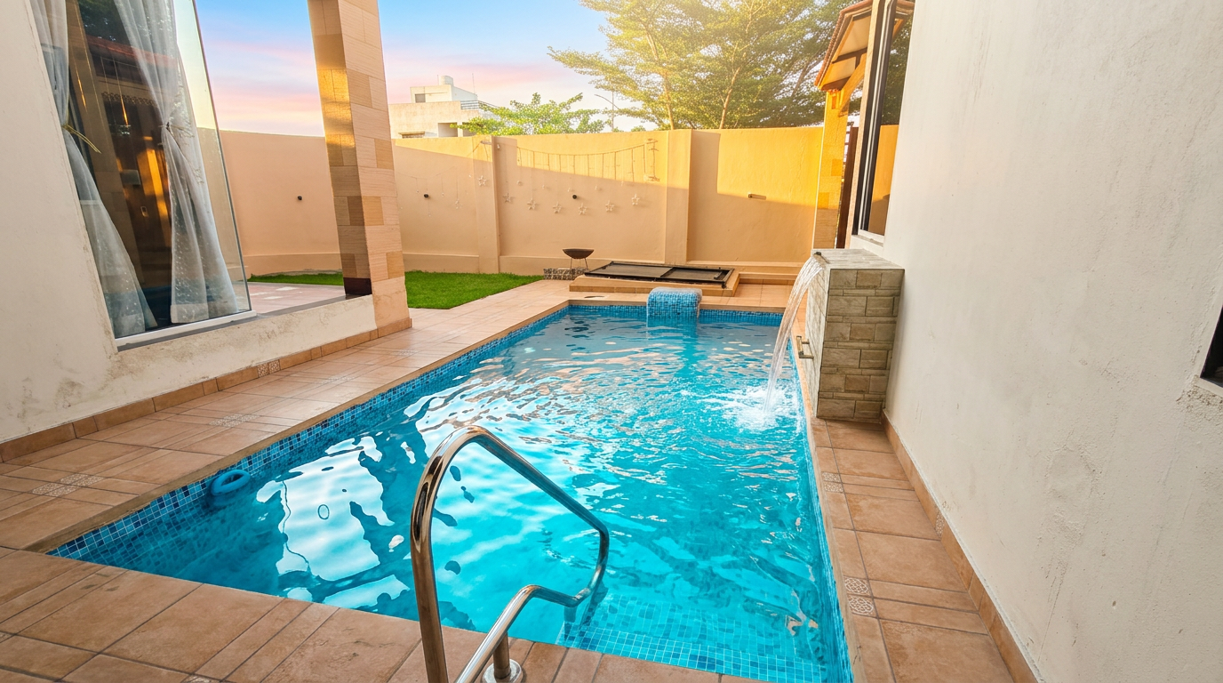 View of Pearl Villa's private pool framed by elegant curtains